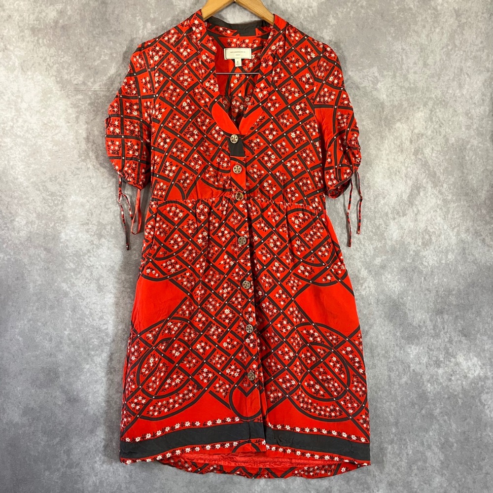 Moulinette Soeurs Silk Dress Women 6 Red Geometric Floral Button Front Mini